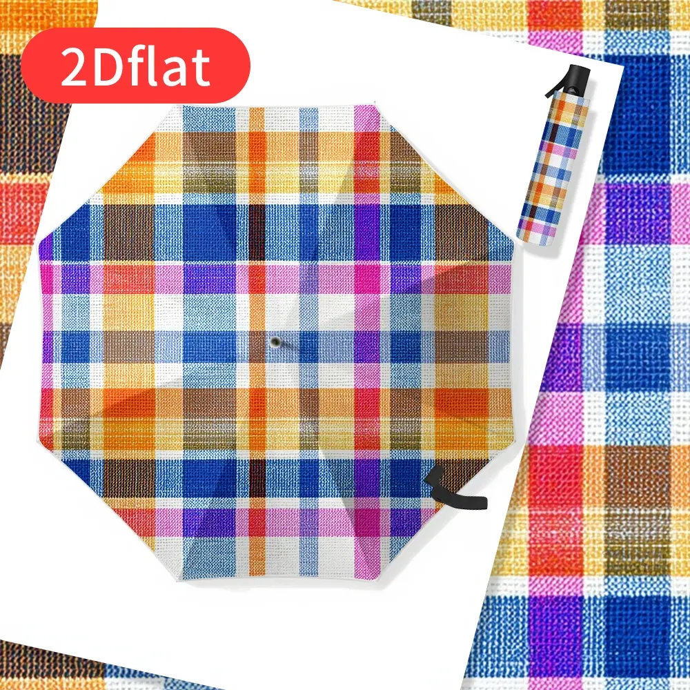 A fun checkered pattern folding umbrella – featuring vibrant blue, orange, purple, and red stripes; lightweight and portable compact umbrella suitable for both men and women; ideal for travel, commuting, and everyday