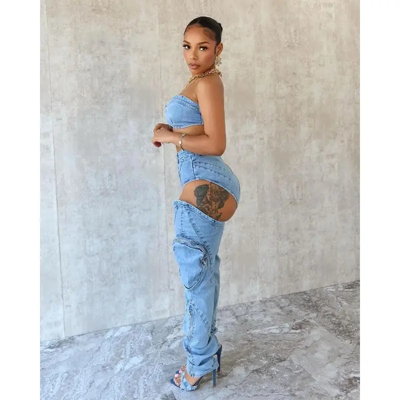 Street denim pants set, sexy women's two-piece set, elegant jeans, club matching set, top+hollowed out clothes, women's clothing