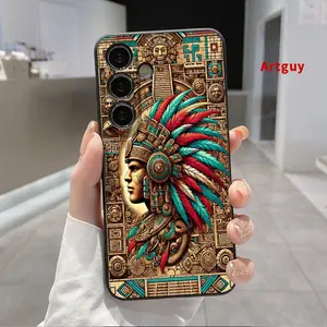 Straight Edge Phone Case for Samsung S24 ultra plus S25 S23 S22 Ultra Plus Aztec Art Pattern Pocket-Friendly Shockproof Silicone Protective SoftCase