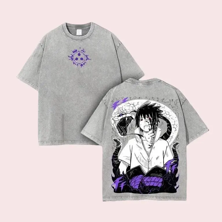 Retro Heavy Limited CURSE MARK PURPLE SASUKE x Manda Snake Orochimaru - Naruto Anime Double Printed Vintage Washed Tee Gift For Anime Fan, Anime Lover