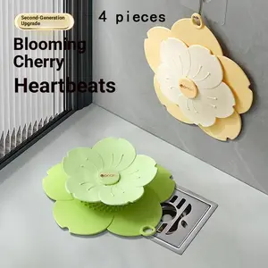 4 Piece Floral Bathroom Drain Cover Set, Flower Hair Catching Shower Drain Cover, Silicone Anti-Clog Floor Drain Pad, Home Bath Sink Filter