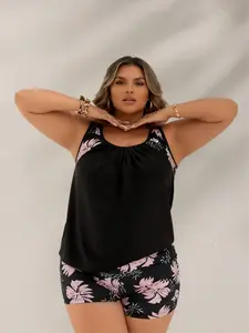 Plus Size Tankini Swimsuit for Women, Black Flowy Top with Floral Boyshorts, 2 Piece Modest Bathing Suit, Tummy Control Swimwear for Beach Vacation