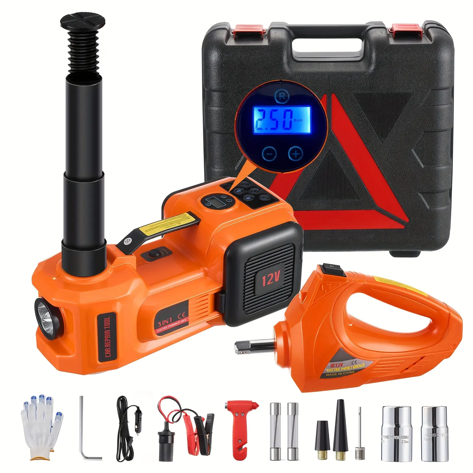 TanLook 5-Ton Vehicle-Mounted Hydraulic Electric Jack Set - Hardware, Heavy-Duty Hydraulic Lift, Display Screen, Electric Wrench, Air Pump, LED Light, Car Tire Changing Tool (Labor Day, for Vehicles)