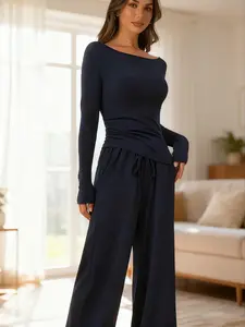 Women's Asymmetrical Long Sleeve Top & Wide Leg Pants Set, Sweatsuit Sets, Casual Sportswear, Comfortable Daily Wear, Stylish Fashion