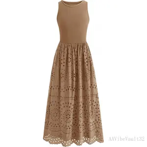 Free shipping/3p Women Summer Dresses 2026 Casual Sleeveless Crewneck Boho Lace Eyelet Cotton Tank Maxi Dress with PocketsAAVibeVault32