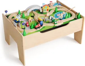 GAOMON 78 Piece 4-in-1 Wooden Train Table for Toddlers & Kids, Multipurpose Activity Play Set with Reversible Top, Tracks & Built-in Storage, Natural Wood