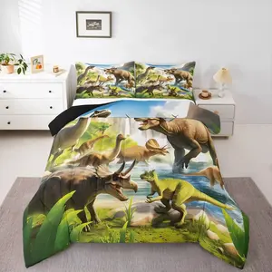 Dinosaur World Quilt Set, Realistic Dinosaur Print, Jungle Waterfall Pattern, Filled Comforter with Inner Core, Kids Bedroom Bedding