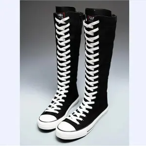 Chunky Sole Boots High Top Canvas Korean Style Lace Up Zipper Round Toe Comfortable Support Durable Material for All-Day Wear