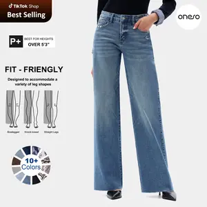 ONESO Mid-Rise High Stretchy Loose Baggy Wide Leg Jeans Tummy Control BBL Raw Hem Denim Pants Womenswear Bottom Comfortable  Denim Jeans