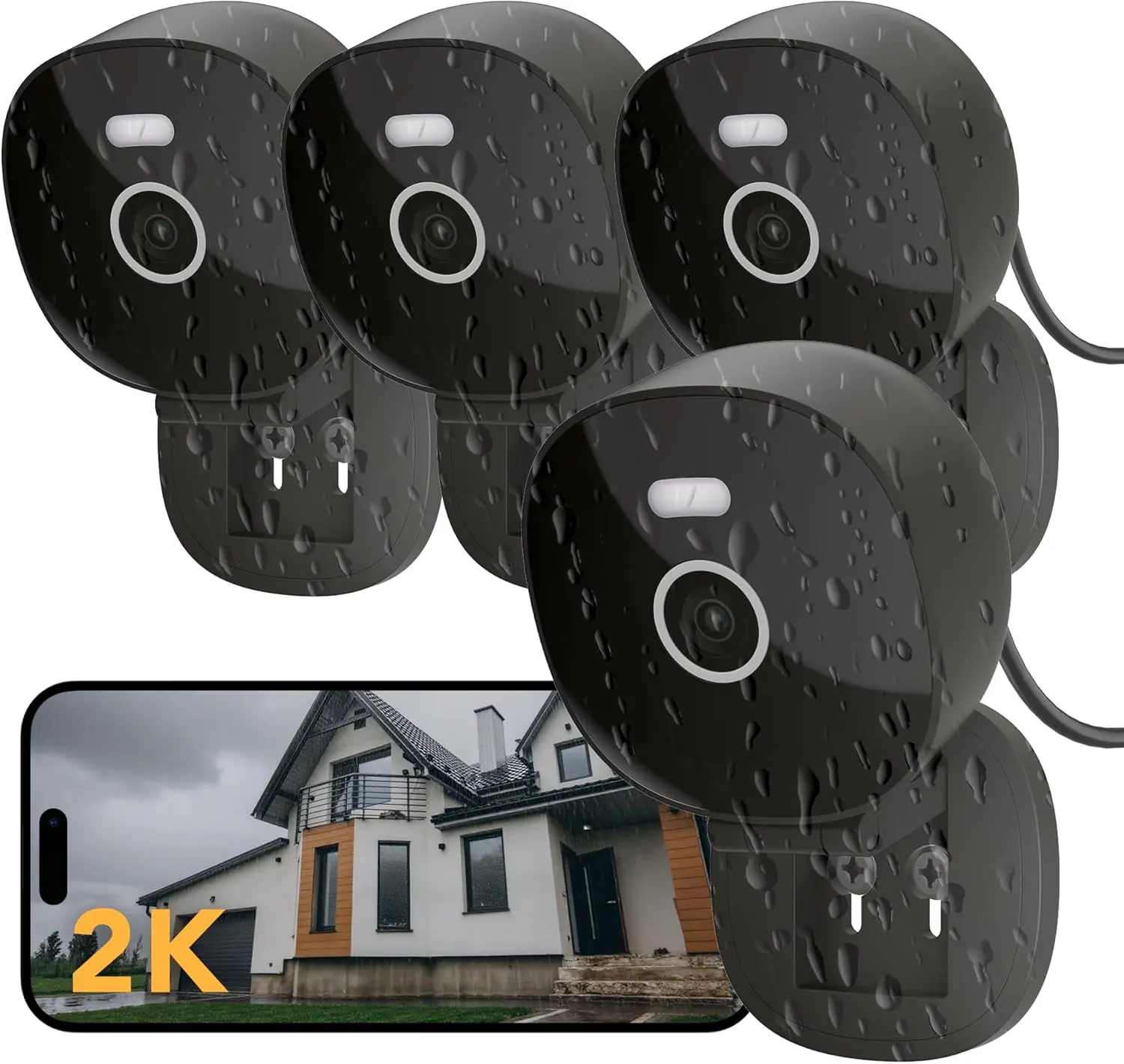 2K Wired Security Camera, Indoor/Outdoor for Home, Pet, Baby, Nanny, IP65 Waterproof Color Night Vision, White Light & Siren, Recording, Motion Detection, Works with Alexa,Pulg in, Black-4P