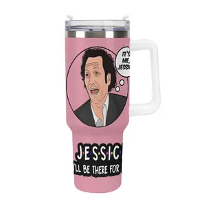 "It's Me, Jessica!" Funny Pop Culture Mashup 40oz Tumbler, The Hot Chick x Friends Theme, Pink Insulated Travel Mug with Handle, Jessica "I'll Be There For You" 40oz Pink Tumbler