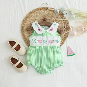 Infant Baby Girl Summer Romper Plaid Ruffle Trim Letter Embroidered Striped Bodysuit with Bows Cute Clothes