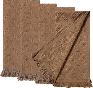 4-Pack Brown Luxury Decorative Bathroom Hand Towels – 13"x29.1" Boho Bath Hand Towels Set with Jacquard Weave & Fringe, Cotton Absorbent Soft Face Towels for Kitchen/Bathroom/Farmhouse