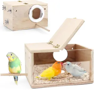 Parakeet Nesting Box - Visual Wooden Bird Nest Breeding Box - Bird Cage House with Perch for Lovebirds Cockatiel Budgie Finch Parrot