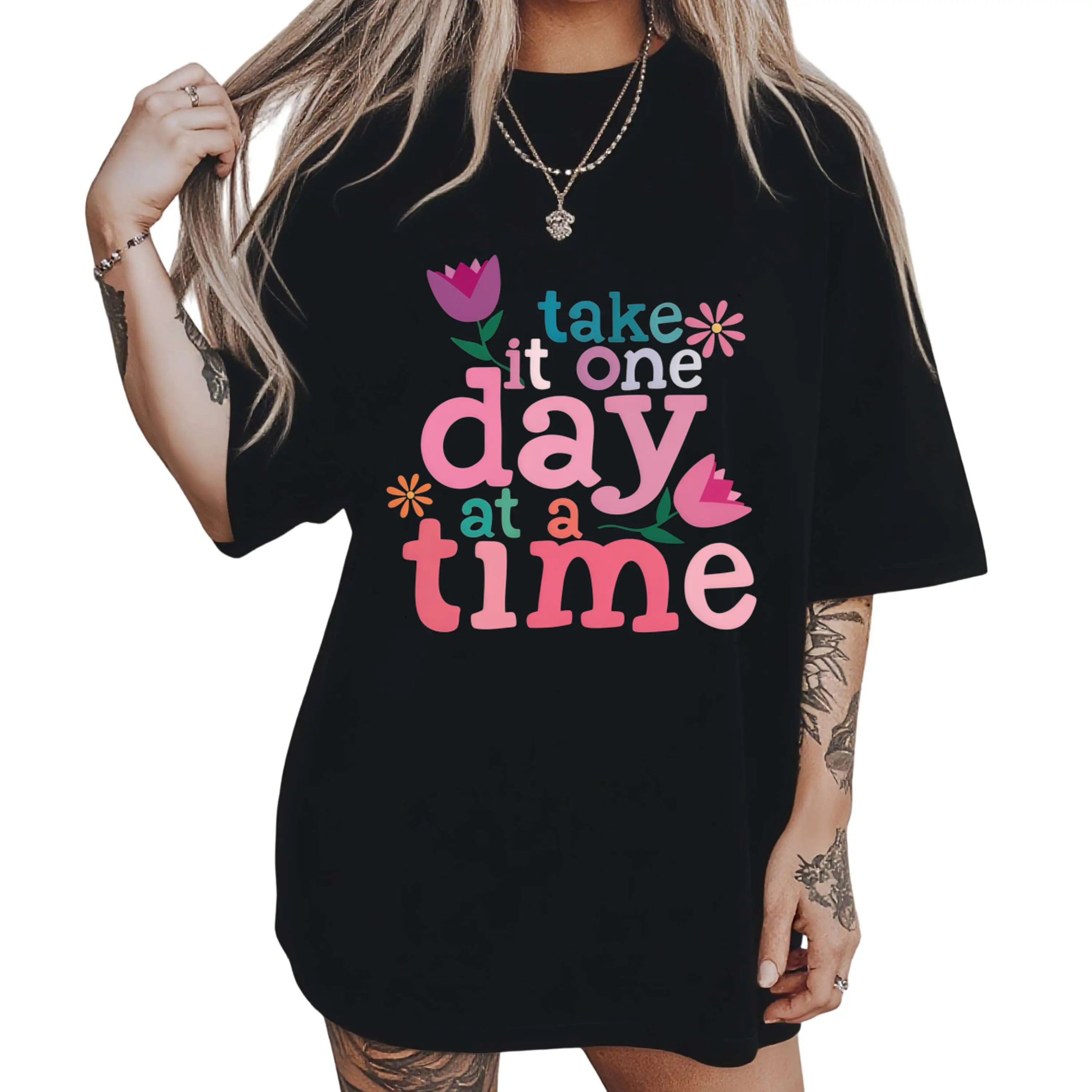 Women's White Cotton Motivational T-Shirt - "Take It 1 Day at a Time" Positive Affirmation Tee with Pink-Purple Lettering, Floral Accent, Soft All-Season Basic for Lounge, Office
