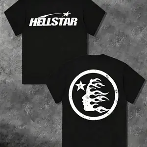 100%25 Cotton Hell Star Pattern Double Sided Printed T-Shirt, High Quality Crew Neck Casual Short Sleeve Top for Spring & Summer