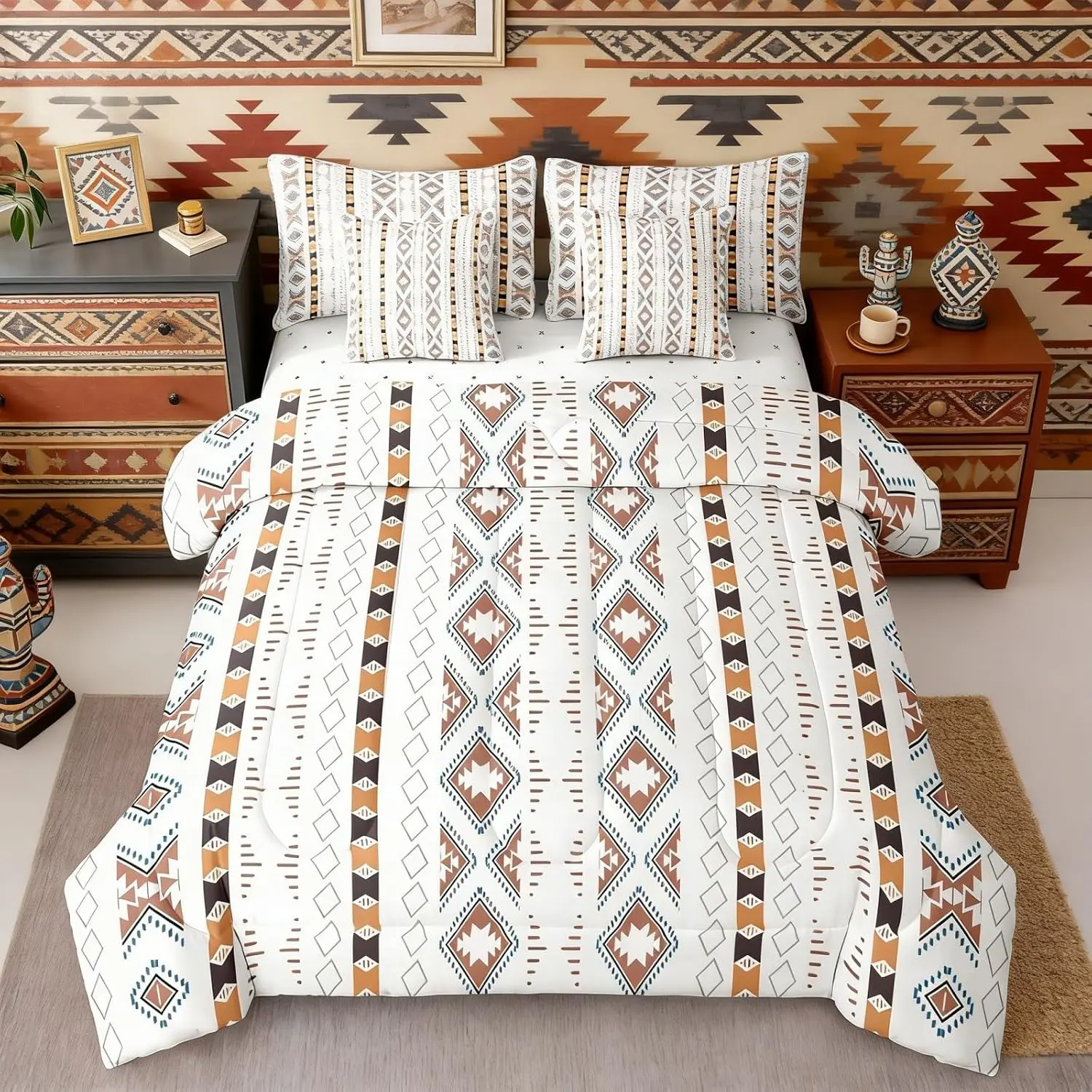 Bohemian Comforter Set 7 Piece Bed in a Bag Geometric Triangle Western Bedding Sets Boho Striped Aztec Comforter and Sheet Set,Country Rustic Bed Sets Exotic Nordic Southwestern Decor,White
