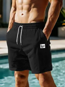 Men's Black Corduroy Drawstring Loungewear Shorts - Soft Breathable Fabric, Elastic Waist with Pockets, Relaxed Fit for At-Home Lounging, Lazy Weekends & Casual Evenings