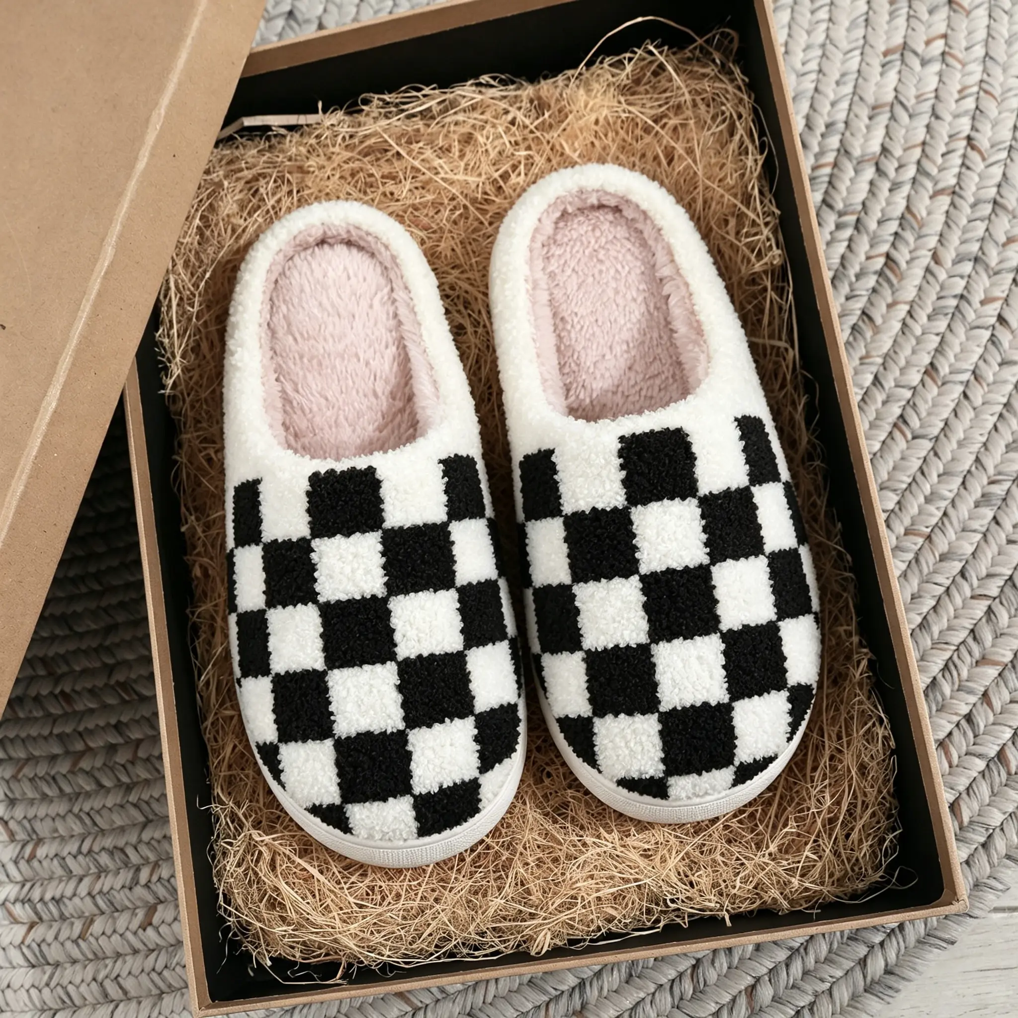 Men's & Women's Checkered Plush Slippers | Cozy Winter Essentials | Indoor/Outdoor Fuzzy House Shoes with Non-Slip Sole | Comfy Couple Gift Idea | Warm Fluffy Bedroom Footwear