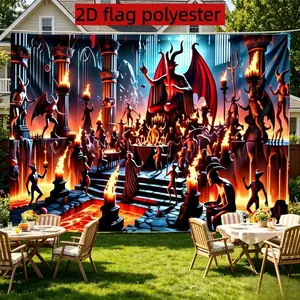 2D Flat 1PC Polyester Hell Demon Banner Dark Flame Decoration Indoor and outdoor dark theme events, Halloween Day of the Dead parties, Gothic party gatherings, haunted house decoration, horror living room decoration, photo check-in, scene decoration