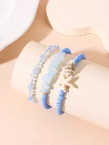 3Pcs Boho Blue Beaded Bracelets Set, Starfish Conch Summer Beach Stackable Bracelets for Women, Ocean Vacation Jewelry, Bohemian Bracelets, Boho Style Bangles
