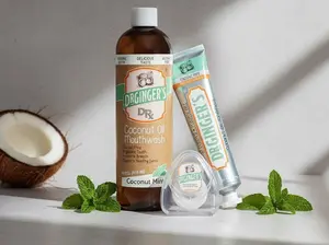 Dr Ginger's Expanding Floss Brush Swish Oral Care Kit with Expanding Floss Women's Toothpaste & Coconut Oil Mouthwash for Whiter Teeth Fresh Breath Organic Peppermint
