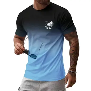 Unisex Gradient Black to Blue T-Shirt with Tropical Palm Tree Beach Scene Print | Ideal for Summer Vacations, Beach Trips, Casual Daily Wear for Adults
