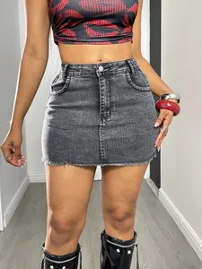 Women's Y2K Vintage Denim Mini Skirt, Worn Hem, Bodycon Fit, Summer Festival/celebrity/road Trip Wear, Stylish and Comfortable, Casual Street Fashion Skirt