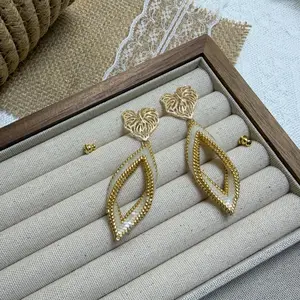Gold Leaf Seed Bead Dangle Earrings, White Beaded Statement Earrings