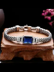 Handwoven Handmade Bracelet 5MM Men's Blue Zircon Set, Fashionable Bracelet, Trendy Retro Vintage Bracelet Ins Jewelry