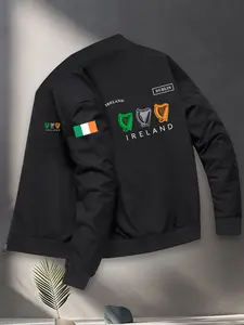 Men's Ireland Flag Element Baseball Jacket, Zip Casual Outerwear, Back Printed Ireland Pattern, St Patrick's Day