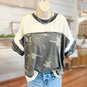 Sage Vell 100% Cotton Patchwork Camouflage Round Neck Sporty Seamed T-Shirt Color Block Tee Short Sleeve Loose Fit Casual