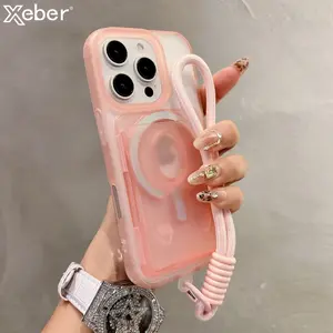 Candy Clear Slot Card Holder Magnetic Wallet Case For iPhone 17 16 Pro Max 15 14 Plus 13 Wrist Strap For Magsafe Cover