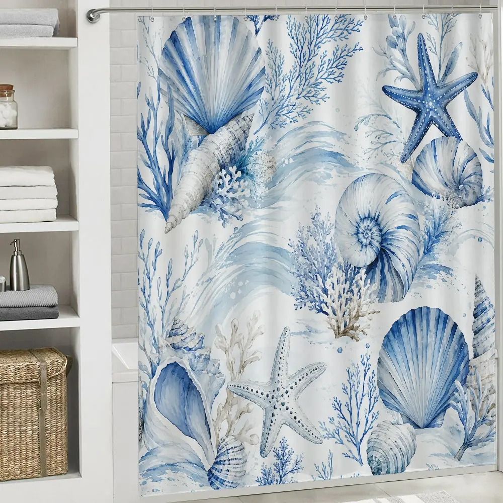 Opaque Coastal Seashell Print Polyester Shower Curtain with 12 Hooks - Waterproof, Washable, Privacy-Providing Fresh Coastal Decor for Home, Dorm Bathroom Supplies, Fresh Coastal Bathroom Decor, Home Bathroom