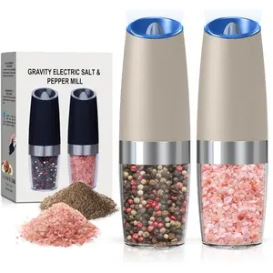 Battery Operated Salt And Pepper Grinder Set with LED Light, Automatic Electric Gravity Salt And Pepper Shakers Set, Each 6 AAA Batteries Needed, Adjustable Roughness, 2 Pack (Khaki)