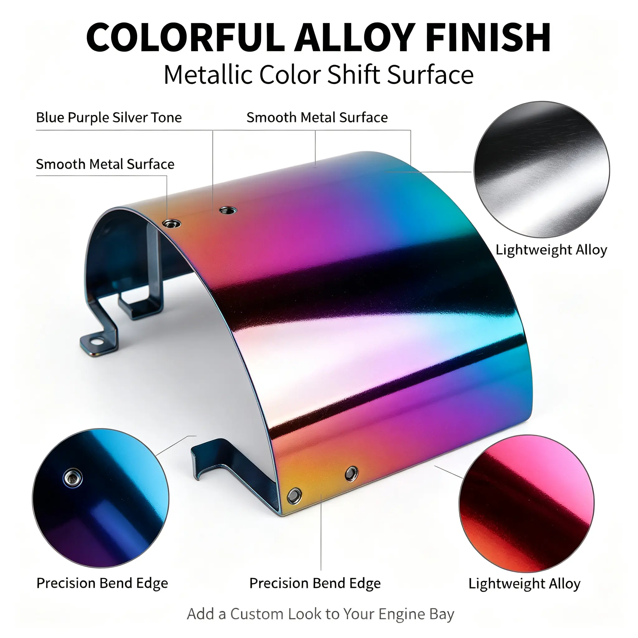 Colorful Aluminum Air Intake Heat Shield - Bend Edge, Lightweight, Metallic Sheen, Precise Shape Thermal Guard, Universal Automotive Engine Bay Protector Cover