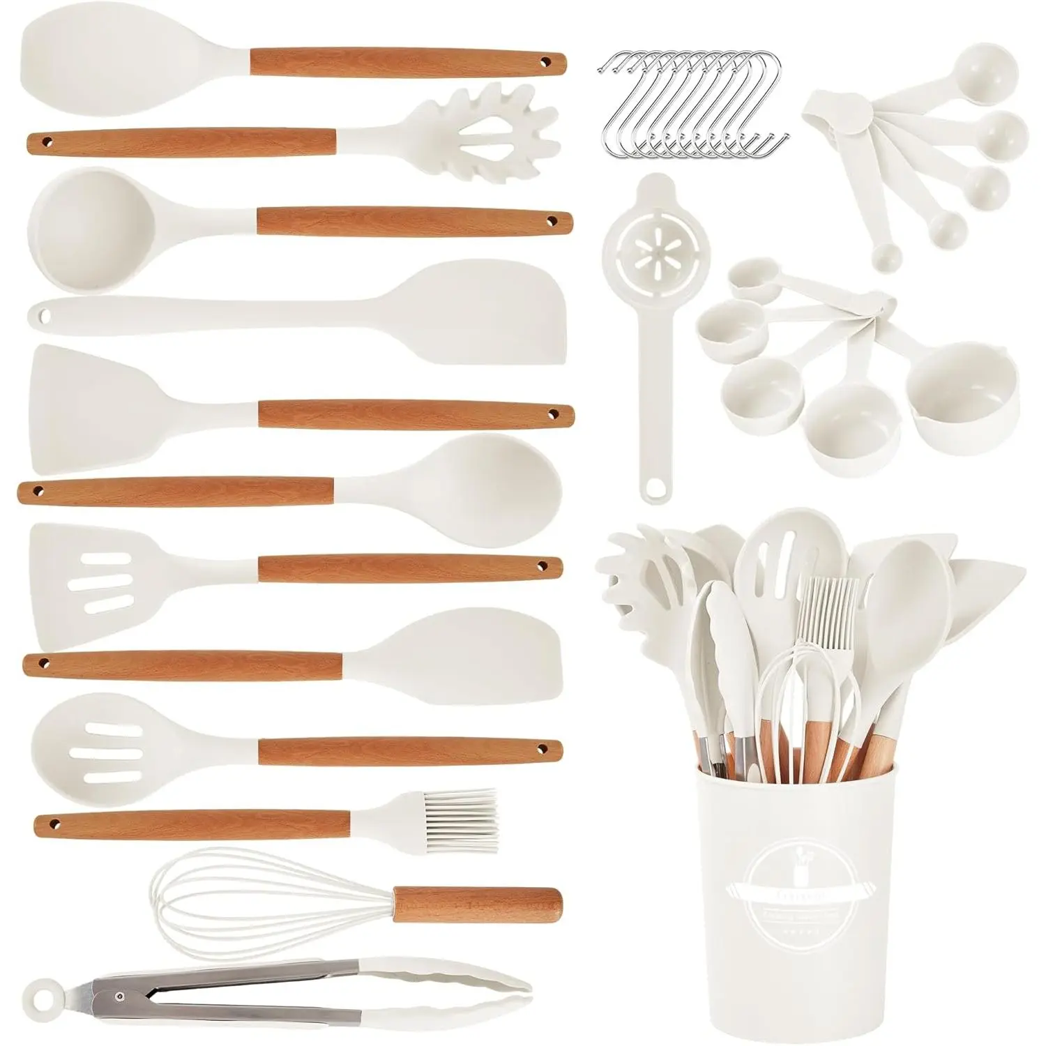 34 PCS Non-Stick Silicone Cooking Utensils Set with Wooden Handle,Kitchen Gadgets Tools Set for Nonstick Cookware (Cream White-34P)