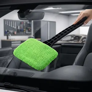 Long Handle Car Windshield Cleaner Brush with Microfiber, 180° Rotating Head for Streak-Free Window Cleaning, Detachable Washable Cover, Ergonomic Grip, Multi-Surface Glass Tool for Auto and Home Use