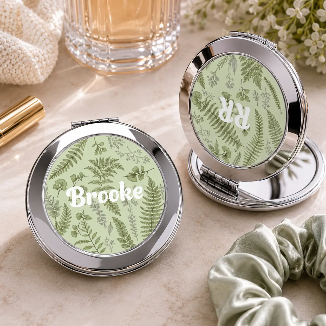 Green Fern Pattern Compact Travel Mirror | Personalized Name