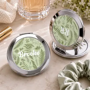 Green Fern Pattern Compact Travel Mirror | Personalized Name