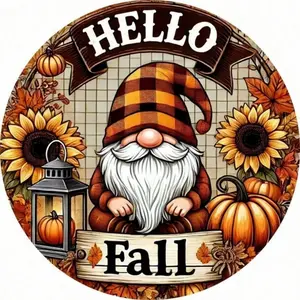 2D Flat, 1pc Vintage Fall Gnome Wall Art Sign - 7.87x7.87 Inch Metal Plaque With HELLO FALL Text, Sunflowers & Pumpkins - Rustic IndoorOutdoor Decor For Home, Garden, Cafe, Bar - Durable, Easy To Hang, Fall Decor, Indoor Decor Print Decoration