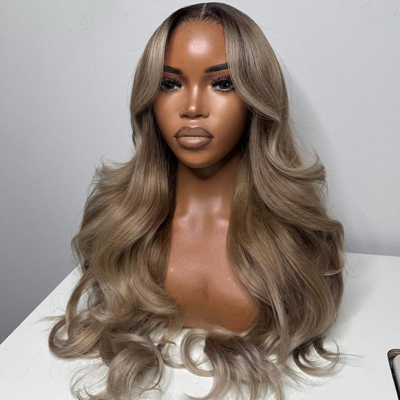 Ombre Grey Ash Blonde With Brown Roots Colored 13X6 Lace Frontal Wig Pre plucked Glueless For Black Girls Hd Transparent Lace Front Human Hair Wigs Natural Hairline Can Be Restyled Suit for Any Occasions