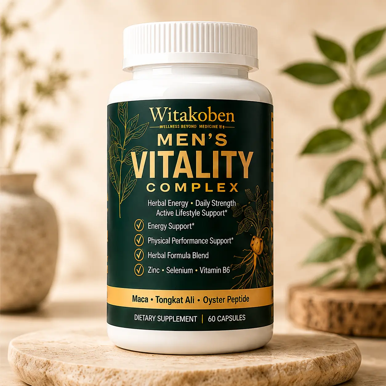 Herbal Capsules for Men, 60 Count, Maca Root & Tongkat Ali Blend with Oyster Peptide, Goji Berry, Zinc, Selenium and Vitamin B6