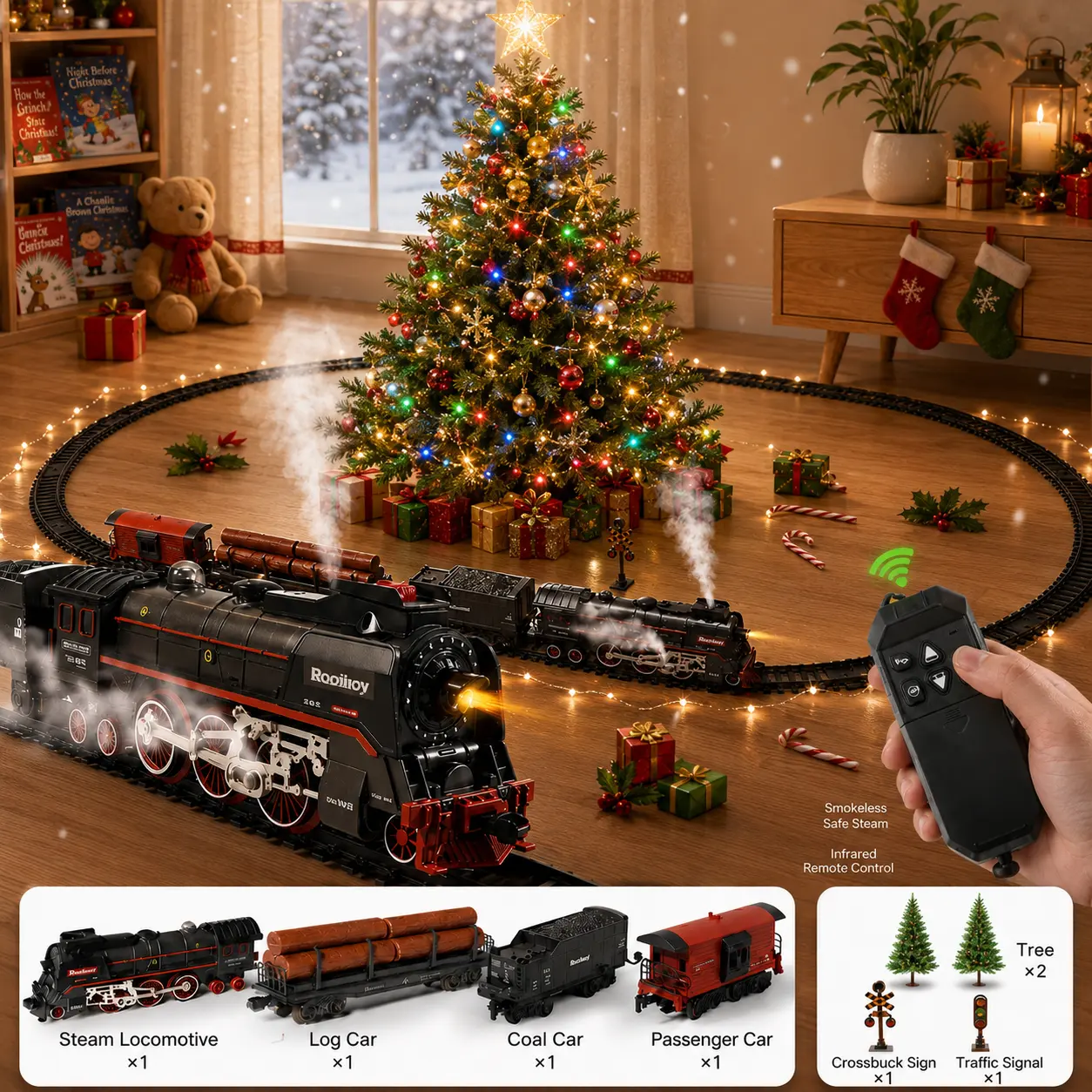 Family Railway Train Set with Remote Control, Realistic Mist Electric Toy Train with Lights, Sound & Whistle for Kids Gift