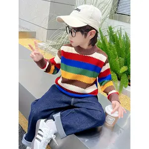 Boys' Fleece Autumn And Winter Sweater, Stylish And Versatile Pullover Base Layer with Colorful Stripes