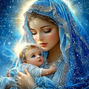 Blessed Virgin Mary and Baby Jesus 5D Full Drill Diamond Painting Kit Sacred Religious Christian Art Glowing Halo Portrait DIY Cross Stitch Handicraft Mosaic Craft Spiritual Home Wall Decor Handmade Gift for Faith & Devotion Lovers
