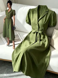 Vintage Textured Midi Dress, Blazer Collar Bubble Short Sleeve, Single Button Waist Belt, A-Line Shirt Dress, Boho Style