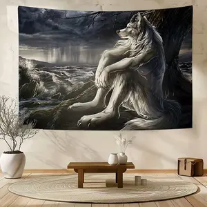 1 PC Flannel Printed Tapestry - Wall Hanging for Indoor Use, Hanging Wall Art, White Wolf Sitting in Sorrow Tapestry, Mural Decoration, Home Decor Tapestry, Suitable for Decorating Living Room， Office， Study of Home