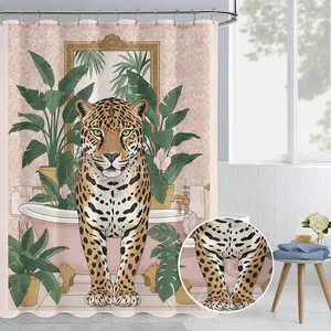 Sun Moon Leopard Print Shower Curtain, Geometric Pattern, Light Blue Polyester Fiber, 70.8x70.8 Inches, Includes 12 Hooks, Modern Bathroom Decor
