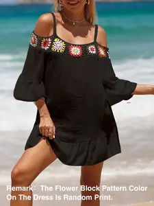 Holiday Hand-Knitted Lace One Shoulder Top, Casual Short-Sleeve Pure Color Sunscreen Beach Dress, Summer Loose-Fit Woven Fabric, Age 35-44